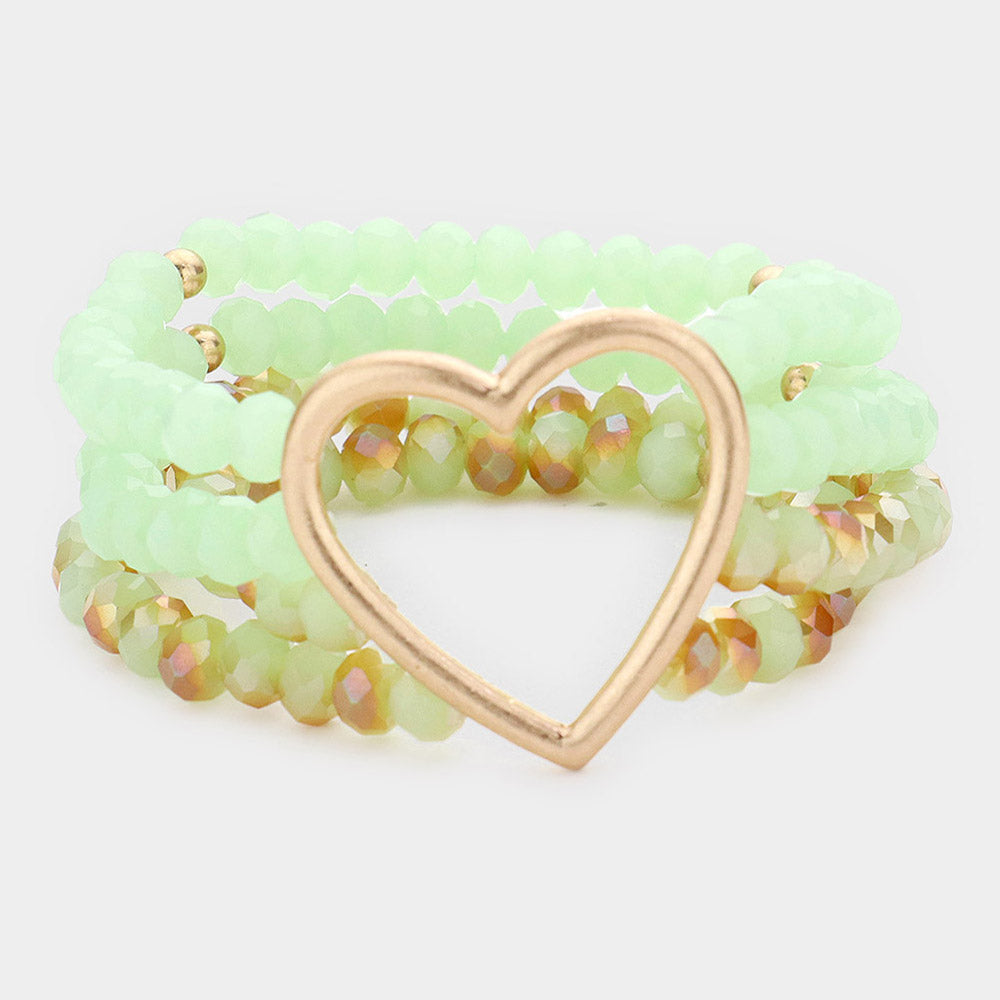 Open Metal Heart Accented Multi Layered Faceted Beaded Stretch Bracelet - Mint - Bracelets