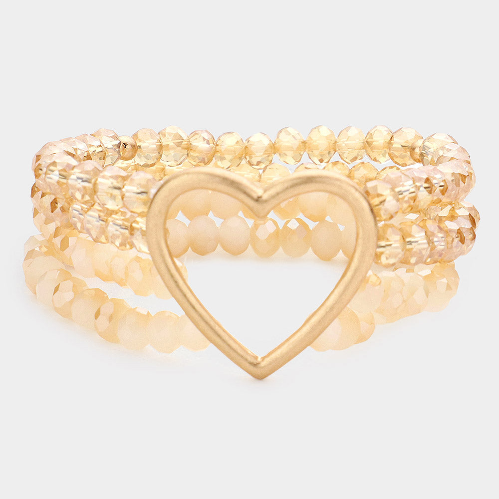 Open Metal Heart Accented Multi Layered Faceted Beaded Stretch Bracelet - Neutral - Bracelets