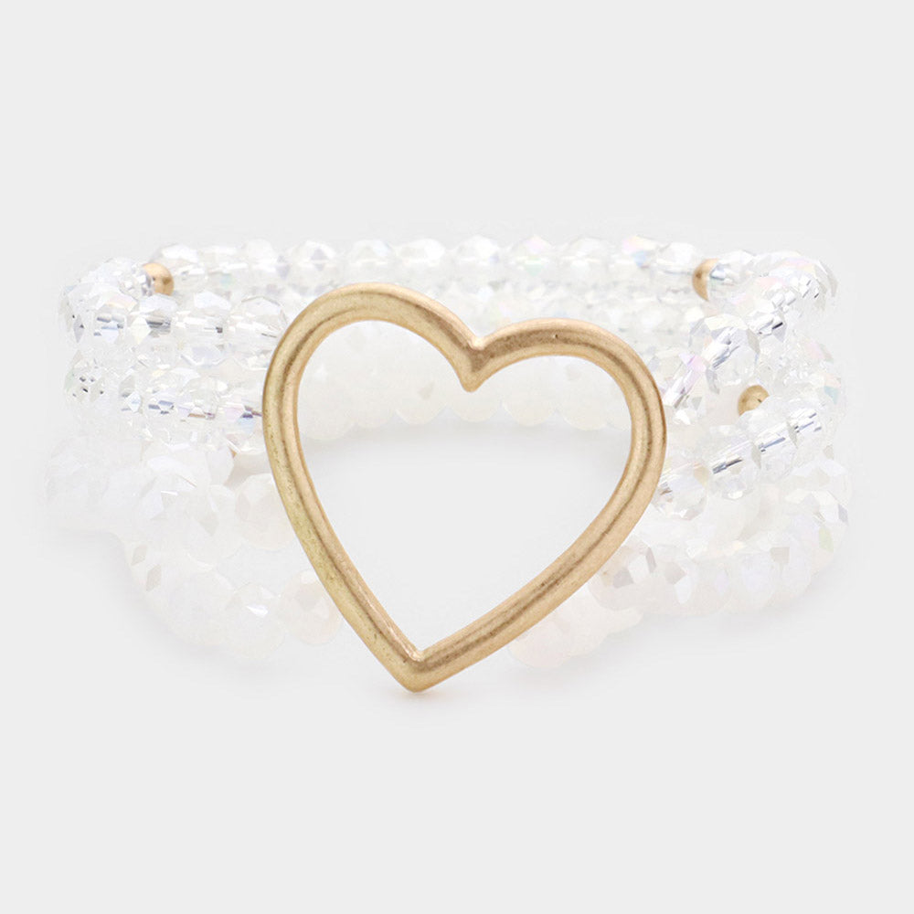 Open Metal Heart Accented Multi Layered Faceted Beaded Stretch Bracelet - White - Bracelets