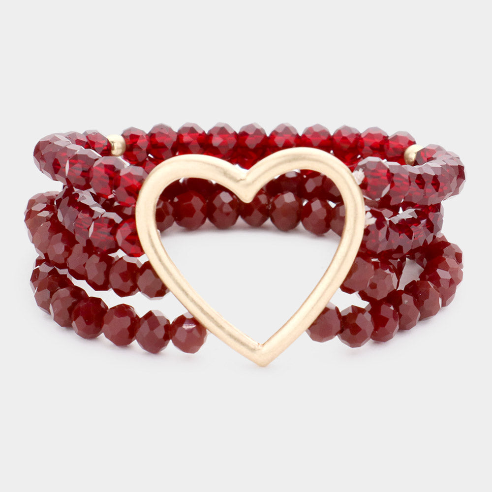 Open Metal Heart Accented Multi Layered Faceted Beaded Stretch Bracelet - Red - Bracelets