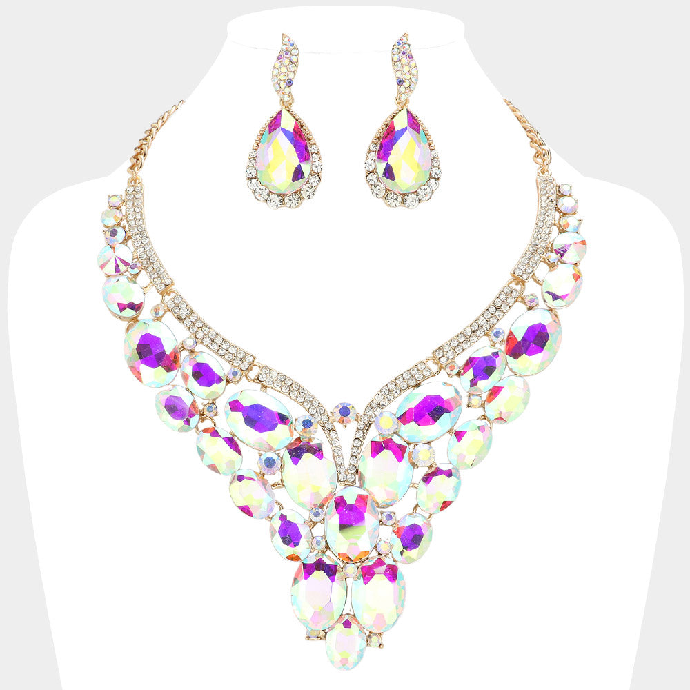 AB, Gold Oval Glass Stone Cluster Embellished Evening Necklace