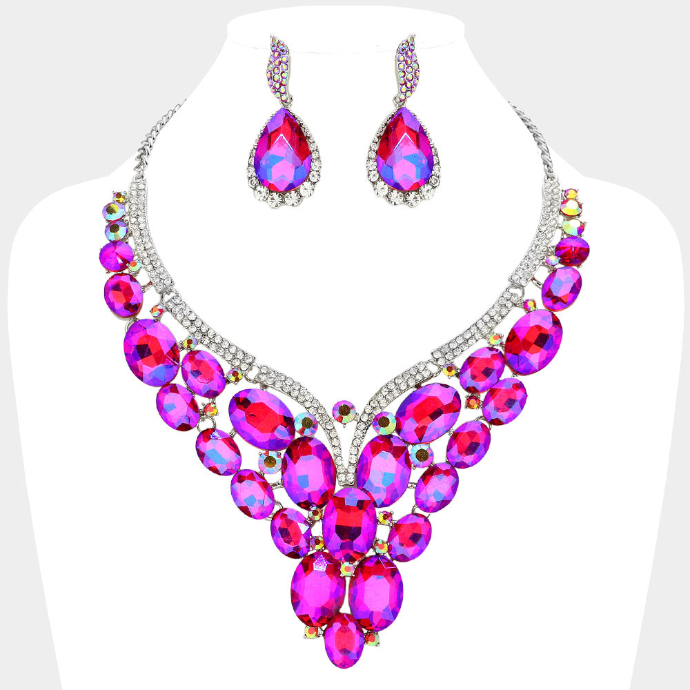 AB, Purple , Silver Oval Glass Stone Cluster Embellished Evening Necklace