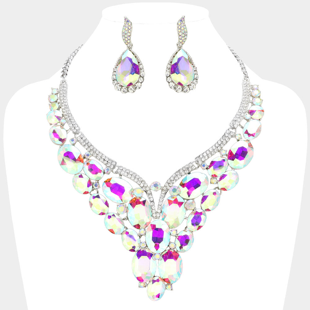 AB, Silver Oval Glass Stone Cluster Embellished Evening Necklace
