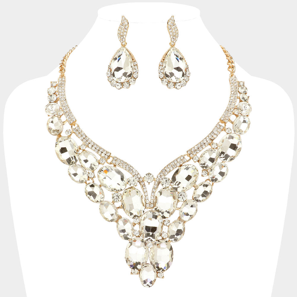 Clear, Gold Oval Glass Stone Cluster Embellished Evening Necklace