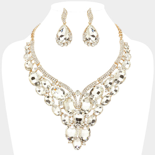 Clear, Gold Oval Glass Stone Cluster Embellished Evening Necklace