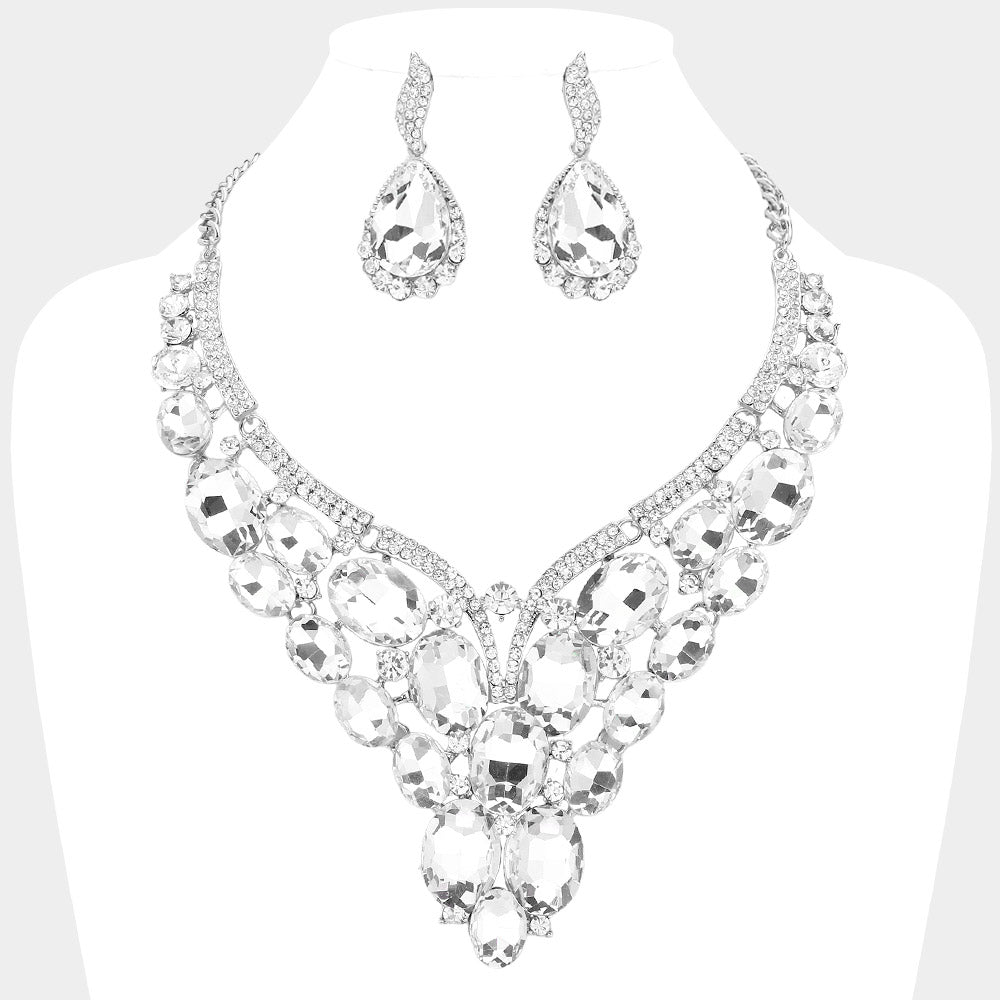 Clear, Silver Oval Glass Stone Cluster Embellished Evening Necklace