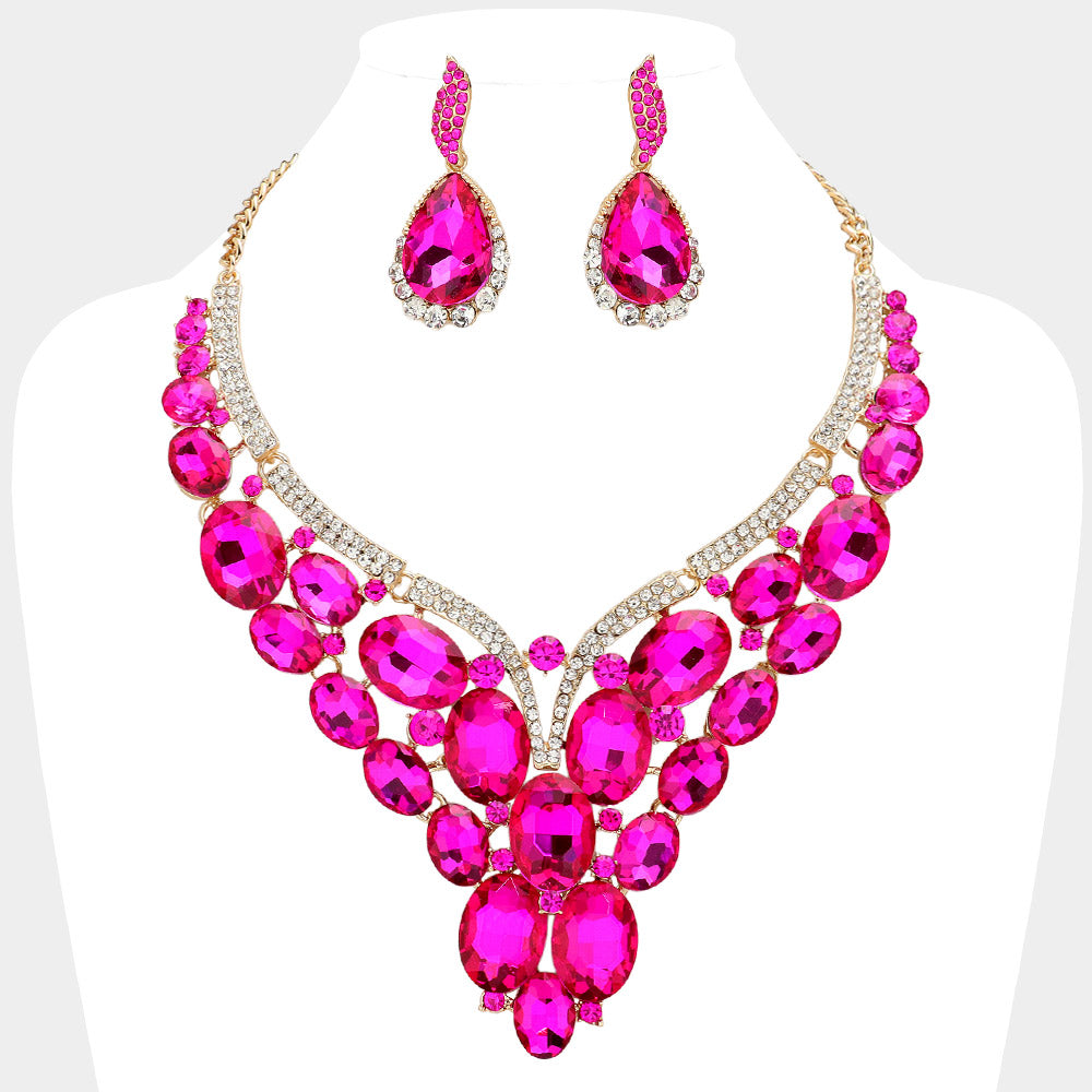 Fuchsia, Gold Oval Glass Stone Cluster Embellished Evening Necklace
