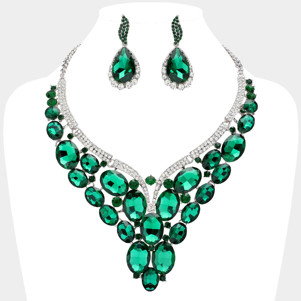 Gold, Green Oval Glass Stone Cluster Embellished Evening Necklace