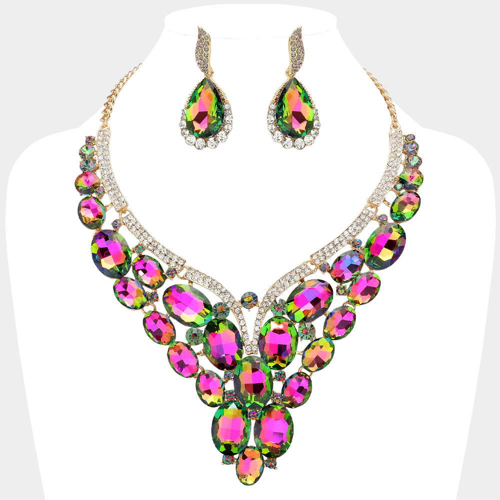 Gold Oval Glass Stone Cluster Embellished Evening Necklace