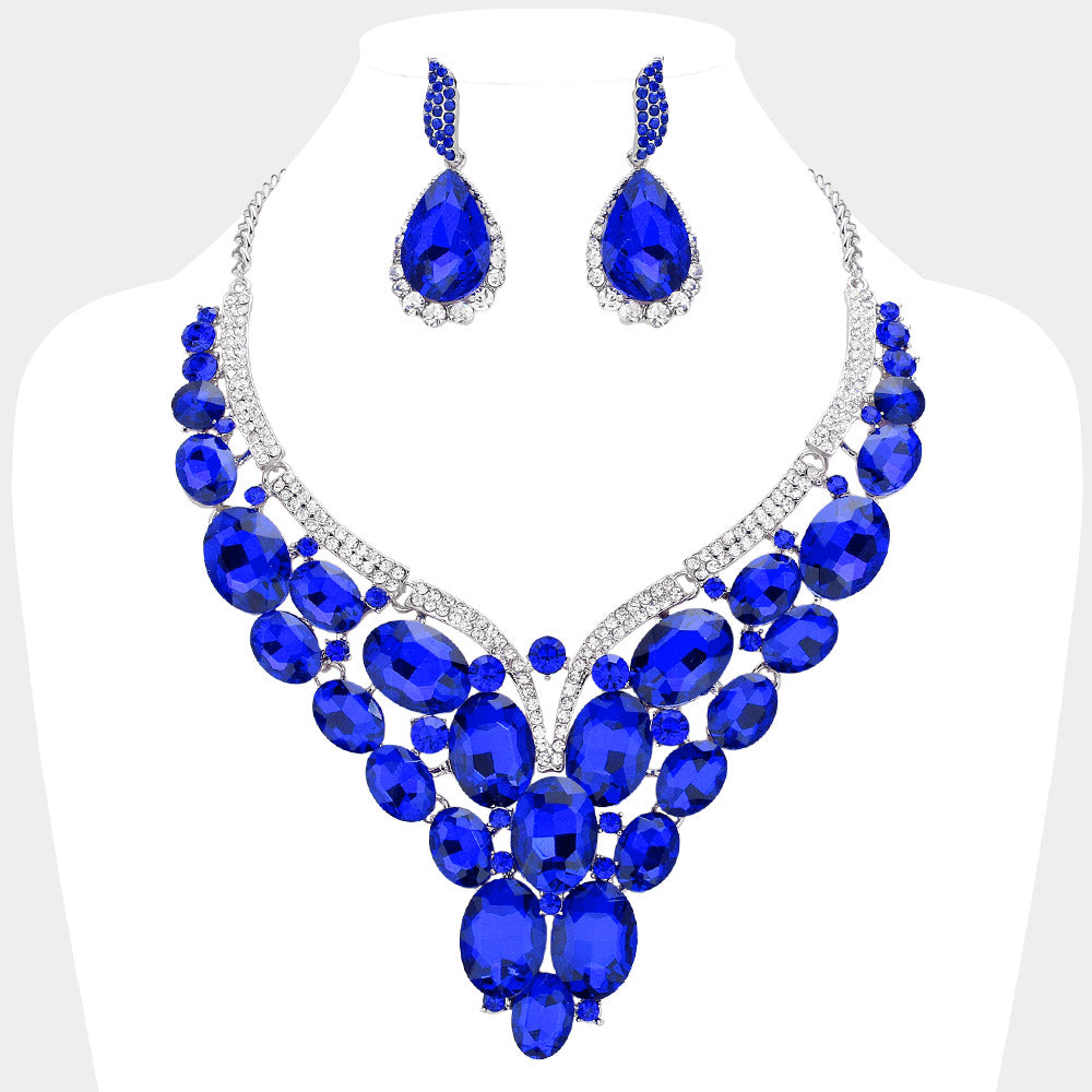 Sapphire, Silver Oval Glass Stone Cluster Embellished Evening Necklace