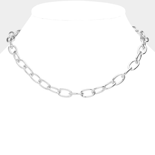 Rhodium Oval Metal Link Necklace