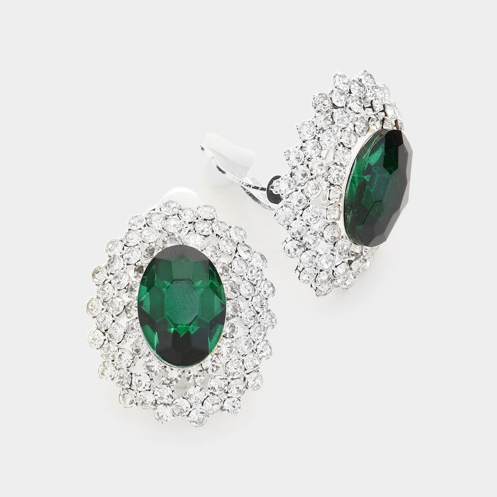 Emerald, Silver Oval Stone Pointed Evening Clip On Earrings