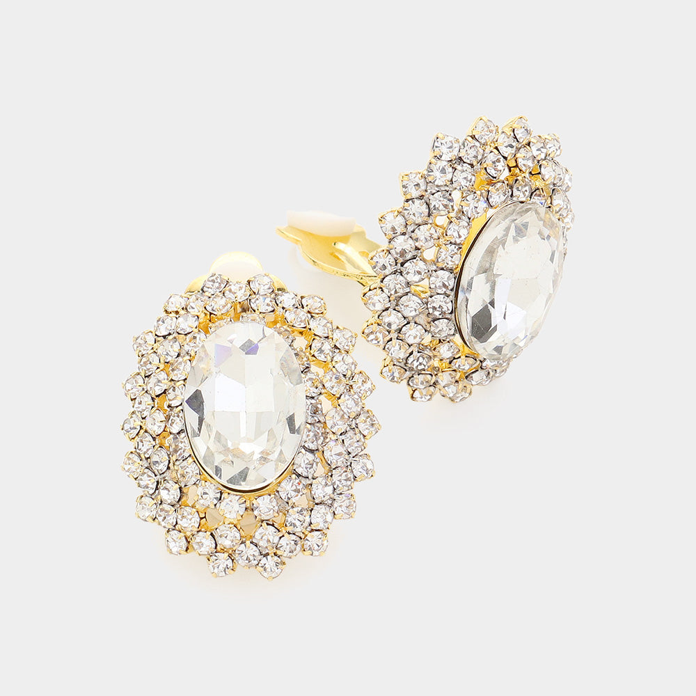 Gold Oval Stone Pointed Evening Clip On Earrings