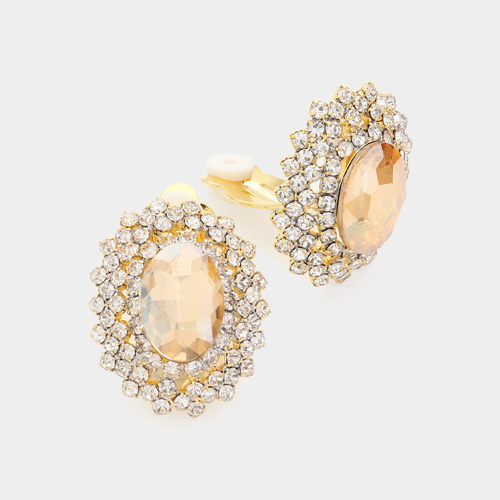 Gold, Lt Col Topaz Oval Stone Pointed Evening Clip On Earrings