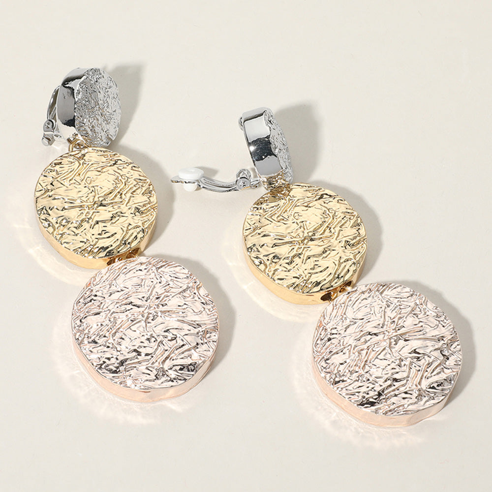 Gold, Multi Oversized Chunky Textured Metal Disc Link Dropdown Clip On Earrings