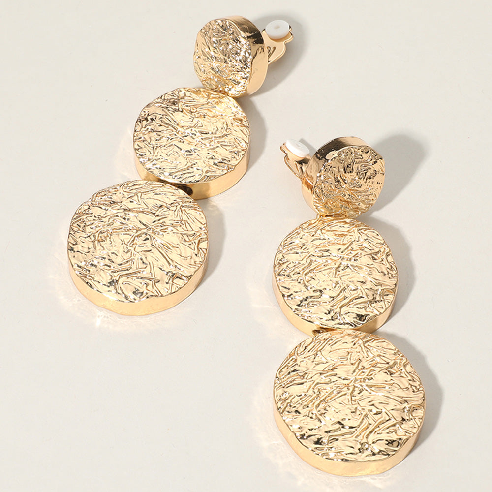 Gold Oversized Chunky Textured Metal Disc Link Dropdown Clip On Earrings