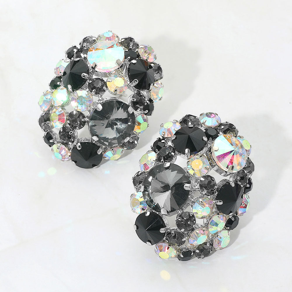 Black Oversized Rhinestone Cluster Evening Clip On Earrings