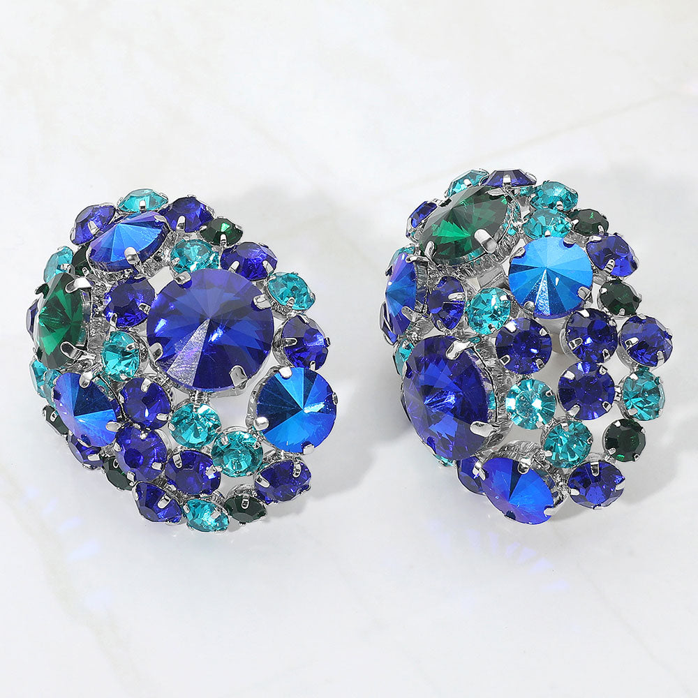 Blue Oversized Rhinestone Cluster Evening Clip On Earrings