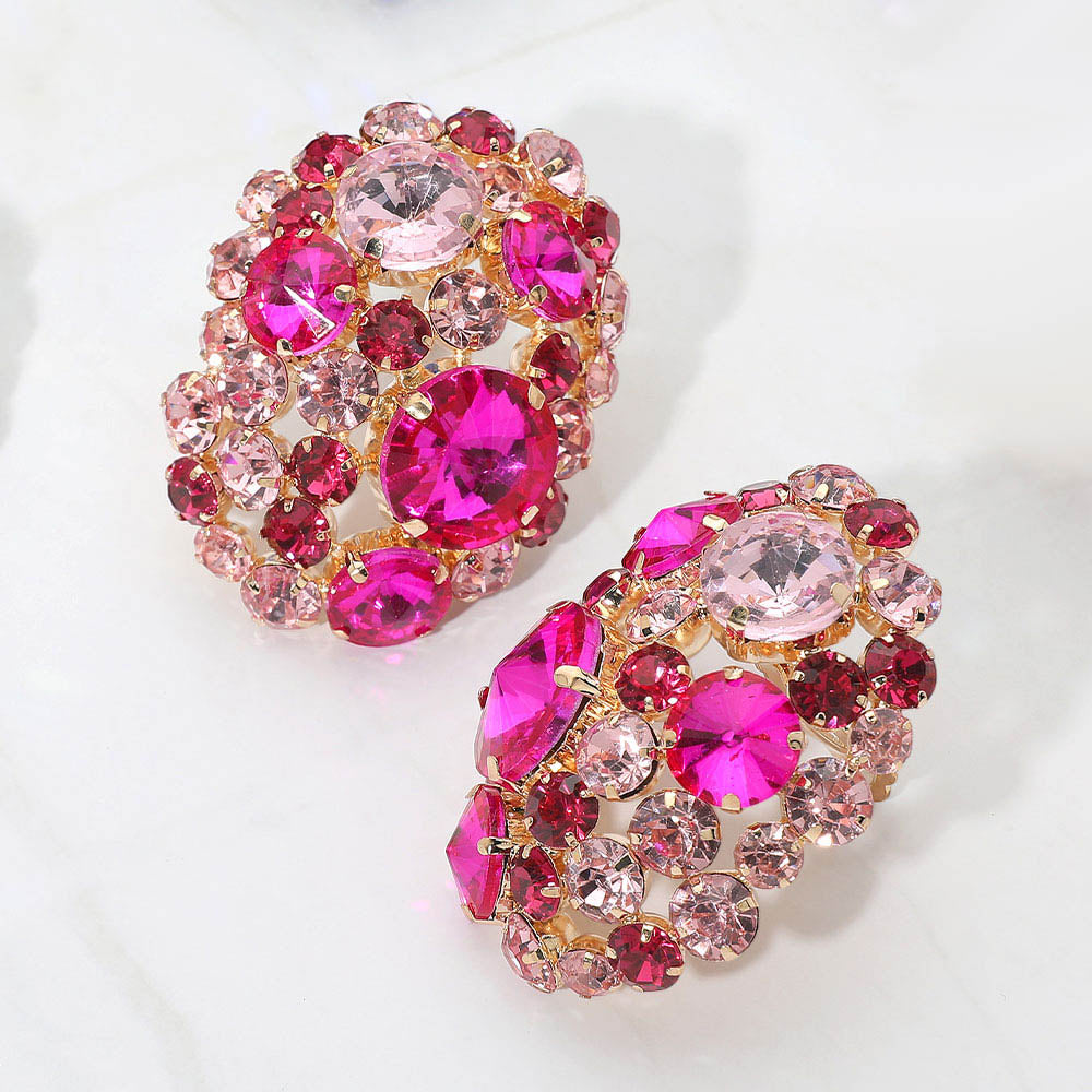 Fuchsia Oversized Rhinestone Cluster Evening Clip On Earrings