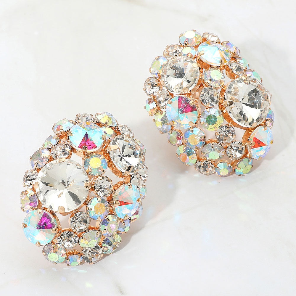 Gold Oversized Rhinestone Cluster Evening Clip On Earrings