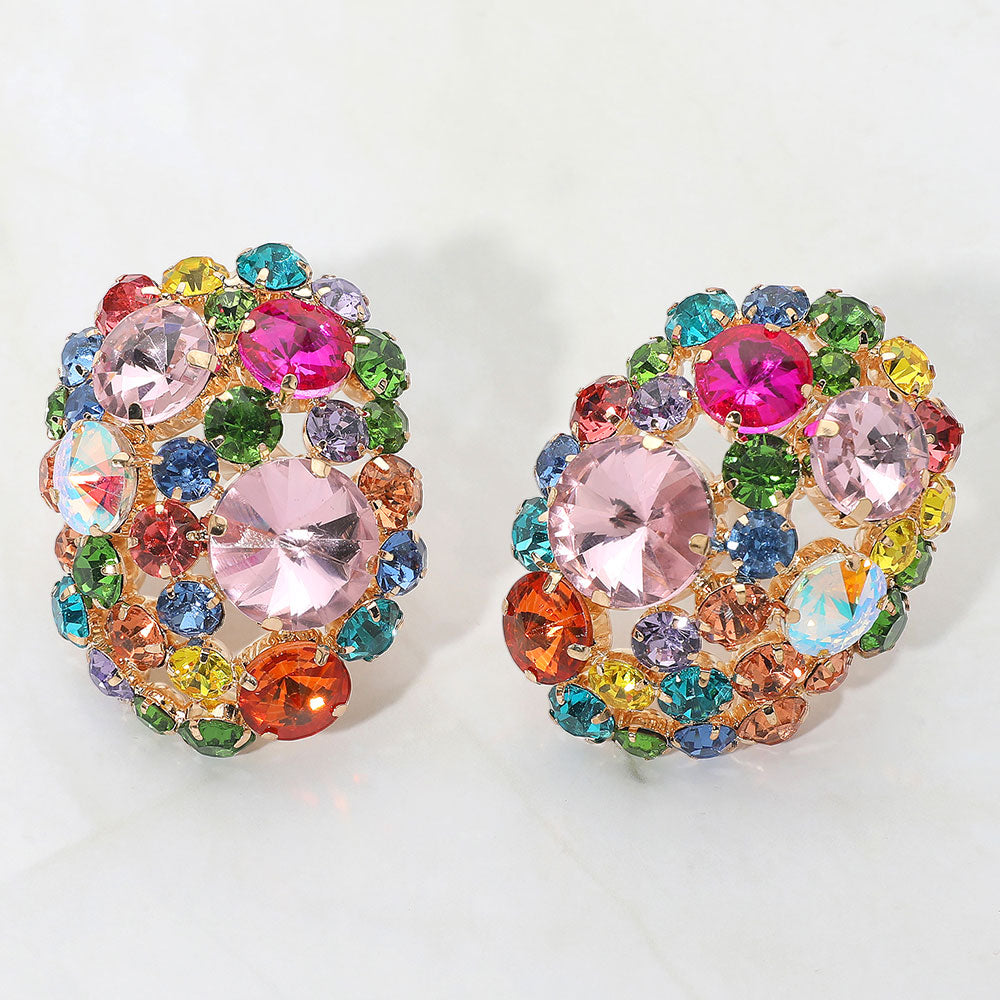 Multi Oversized Rhinestone Cluster Evening Clip On Earrings