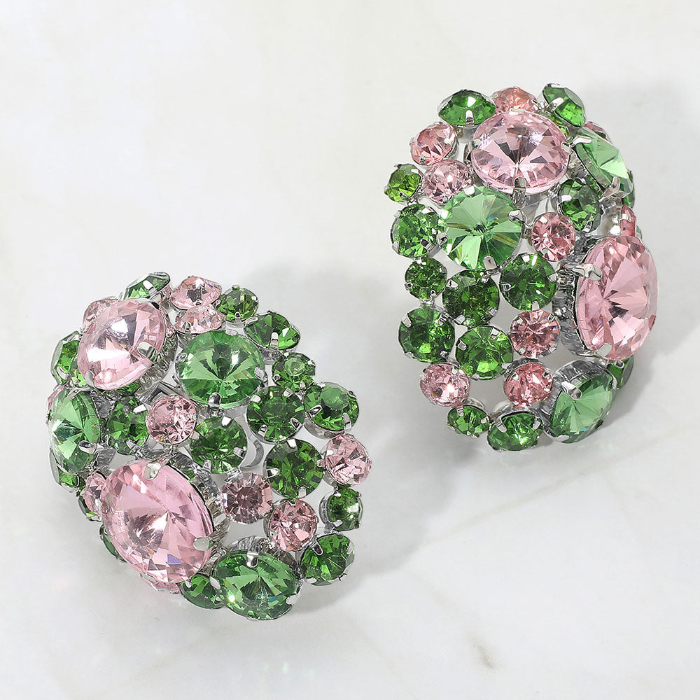 Pink&Green Oversized Rhinestone Cluster Evening Clip On Earrings