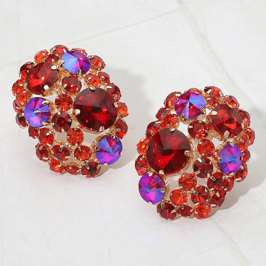 Red Oversized Rhinestone Cluster Evening Clip On Earrings