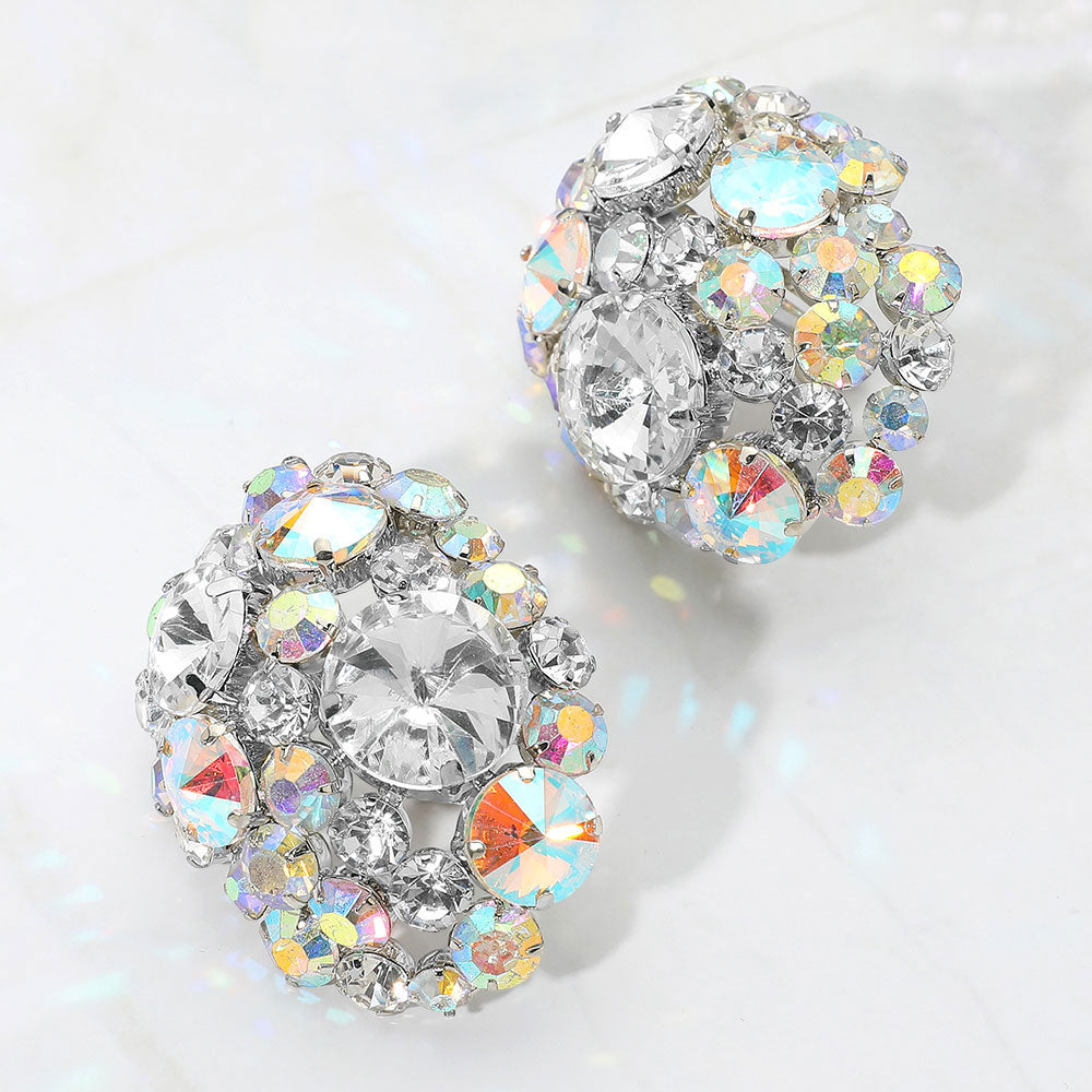 Rhodium Oversized Rhinestone Cluster Evening Clip On Earrings