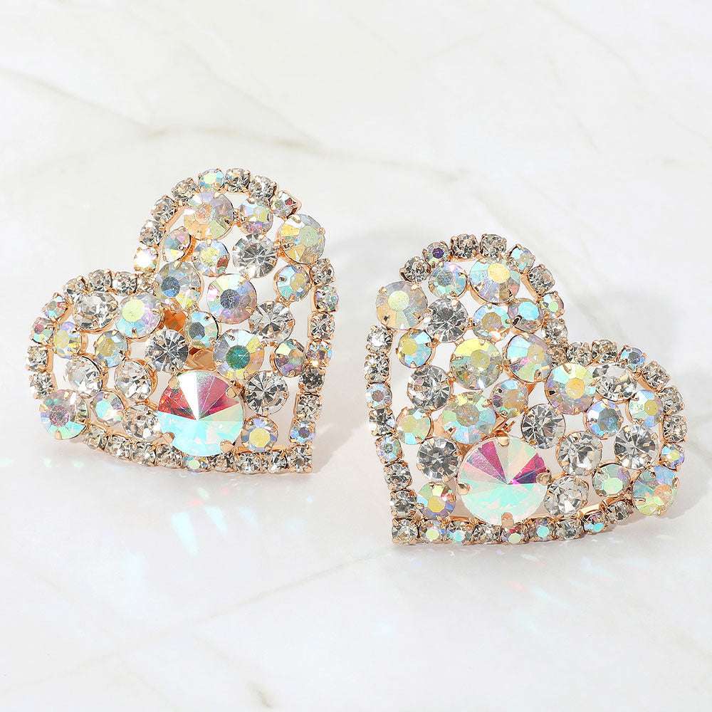 Gold Oversized Rhinestone Cluster Heart Evening Clip On Earrings