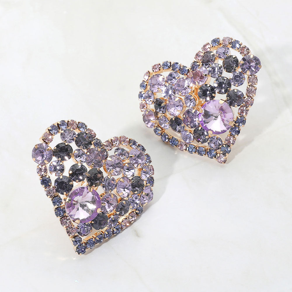 Lavender Oversized Rhinestone Cluster Heart Evening Clip On Earrings
