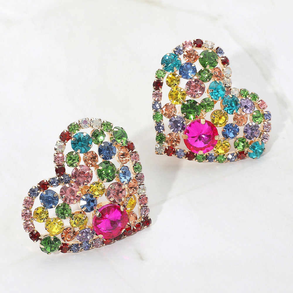 Multi Oversized Rhinestone Cluster Heart Evening Clip On Earrings