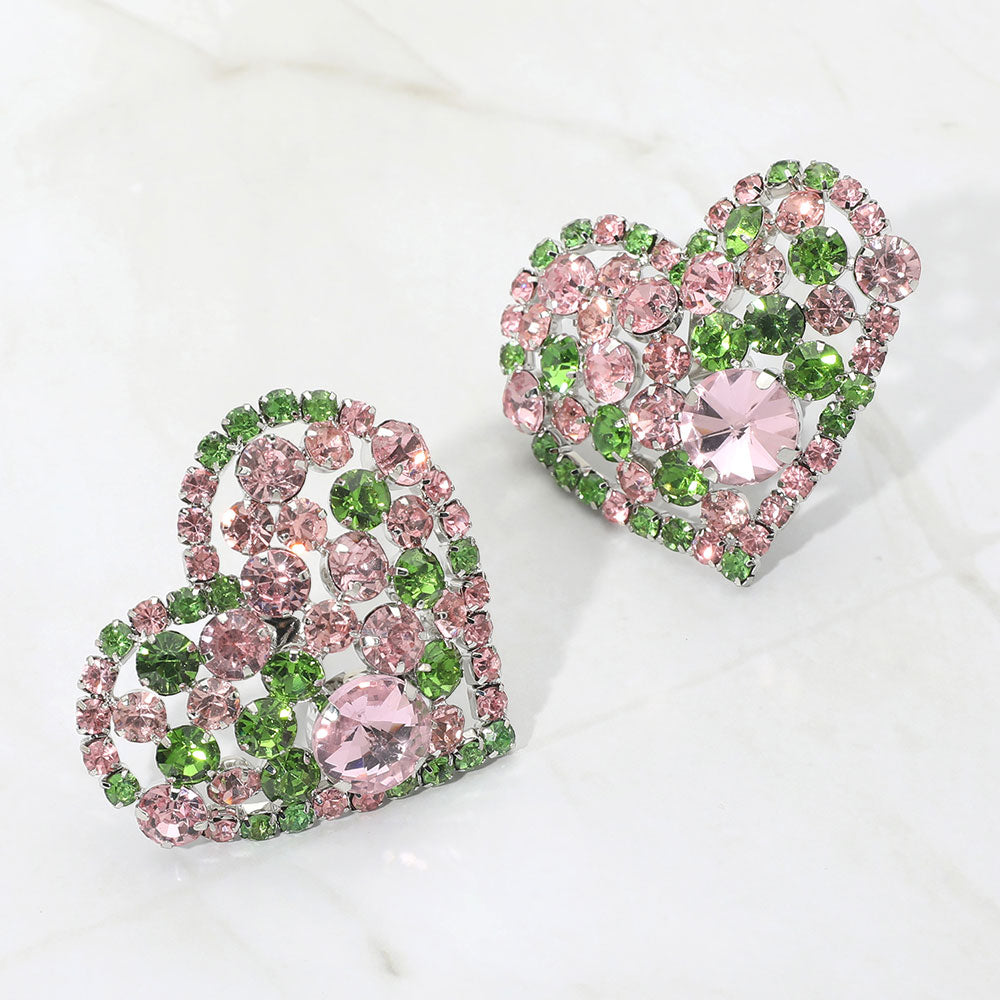 Pink&Green Oversized Rhinestone Cluster Heart Evening Clip On Earrings