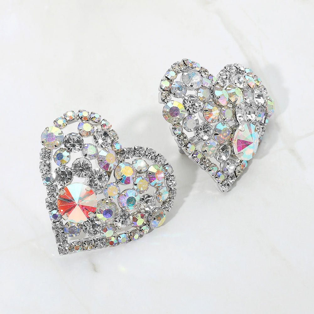 Rhodium Oversized Rhinestone Cluster Heart Evening Clip On Earrings