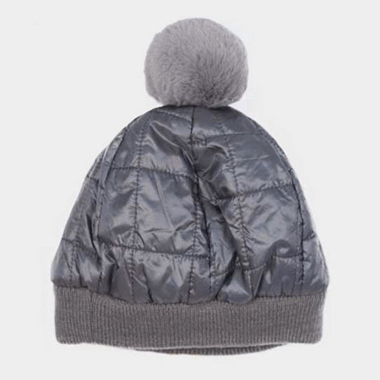 Gray Padded Puffer Beanie Hat