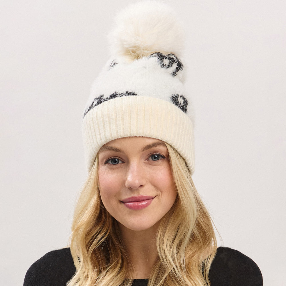 Ivory Paid Pattern Faux Fur Mixed Fleeced Pom Pom Winter Beanie Hat