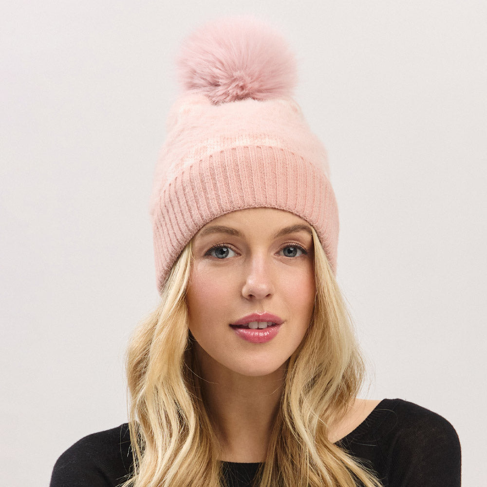 Pink Paid Pattern Faux Fur Mixed Fleeced Pom Pom Winter Beanie Hat
