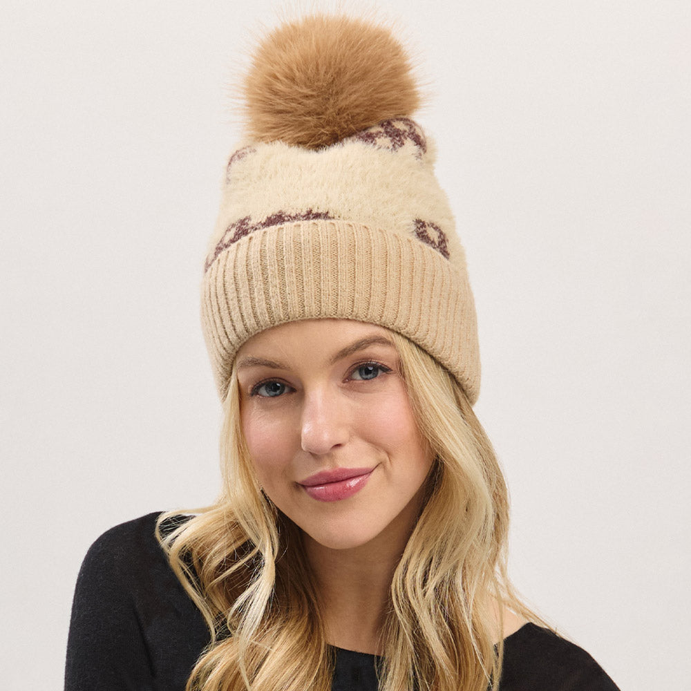 Taupe Paid Pattern Faux Fur Mixed Fleeced Pom Pom Winter Beanie Hat