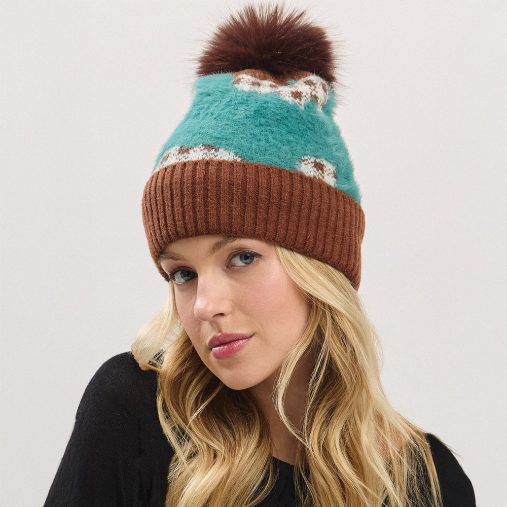 Teal Paid Pattern Faux Fur Mixed Fleeced Pom Pom Winter Beanie Hat