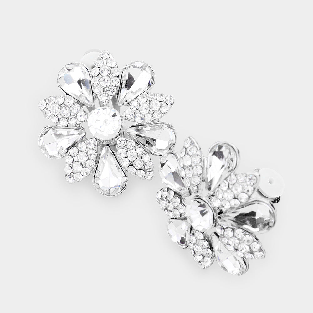 Clear, Rhodium Pave Crystal Teardrop Floral Evening Clip On Earrings