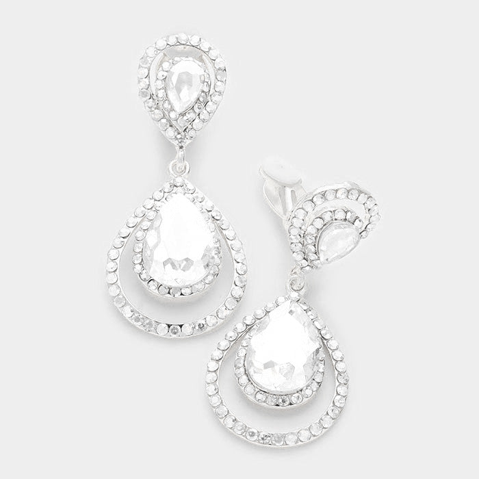 Clear, Rhodium Pave trim glass crystal teardrop clip on earrings