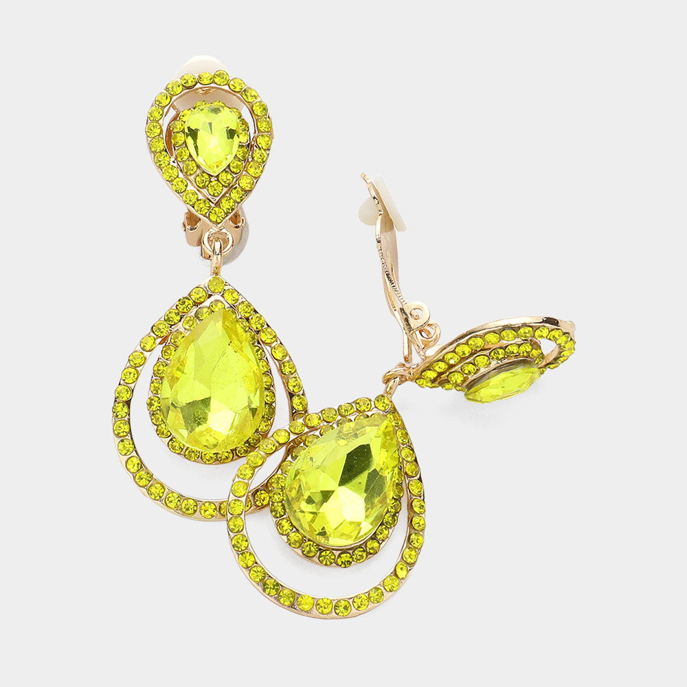 Gold, Yellow Pave trim glass crystal teardrop clip on earrings