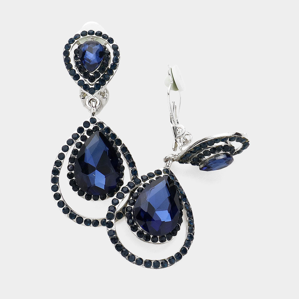 Navy, Rhodium Pave trim glass crystal teardrop clip on earrings