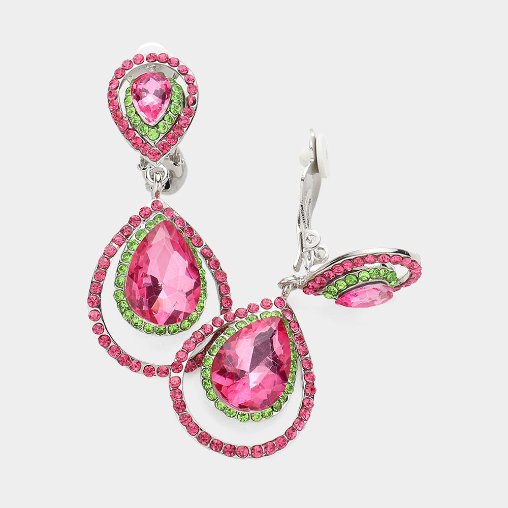 Pink&Green Pave trim glass crystal teardrop clip on earrings