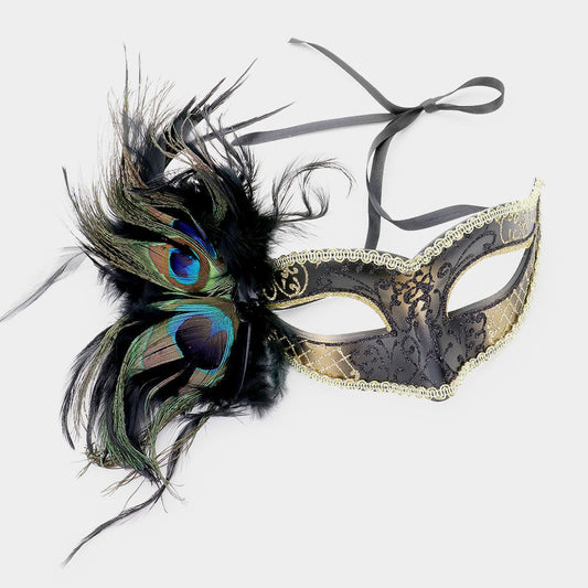 Black, Gold Peacock Feather Venetian Masquerade Mask