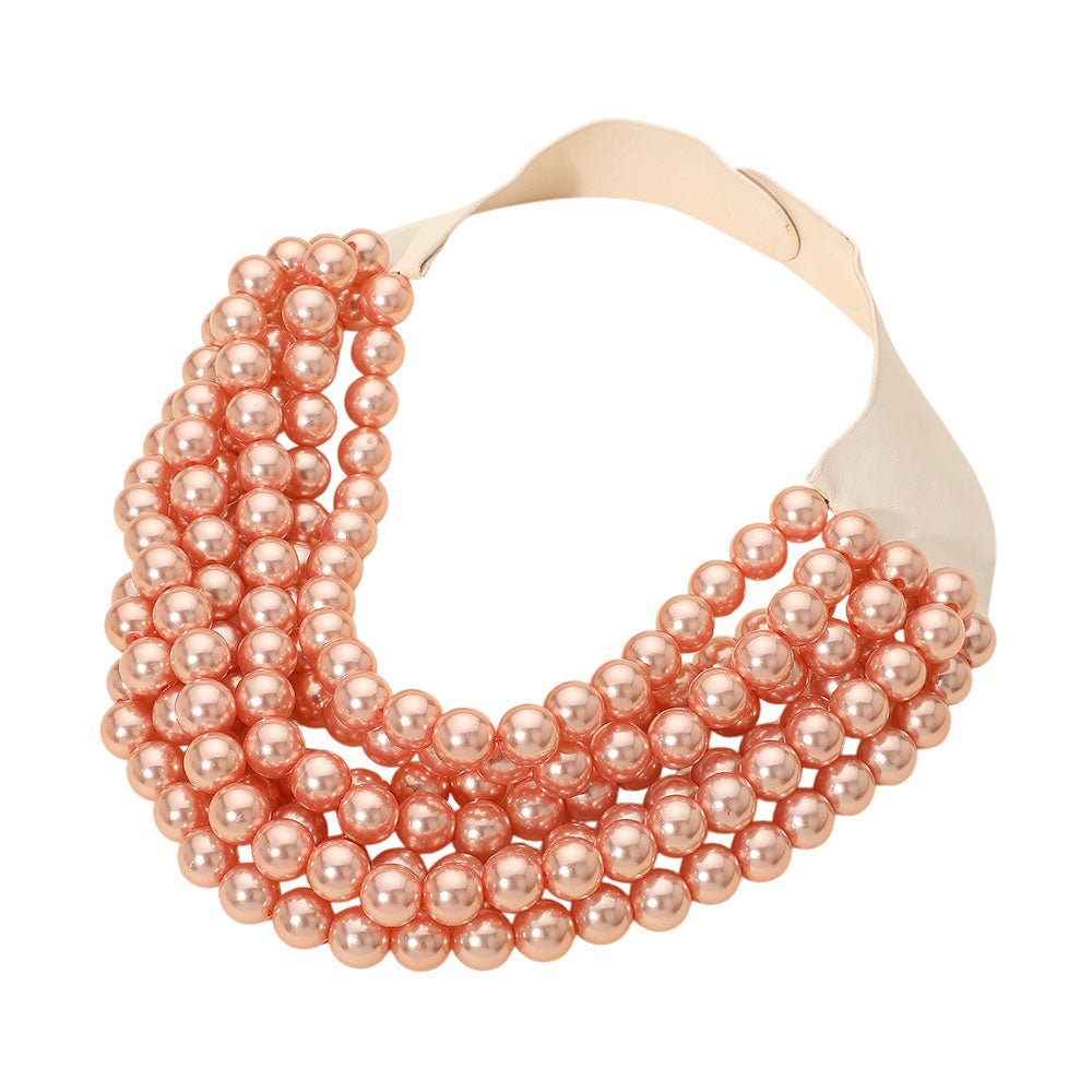 Pearl Beaded Multi Layered Faux Leather Magnetic Necklace - Champagne - Necklace