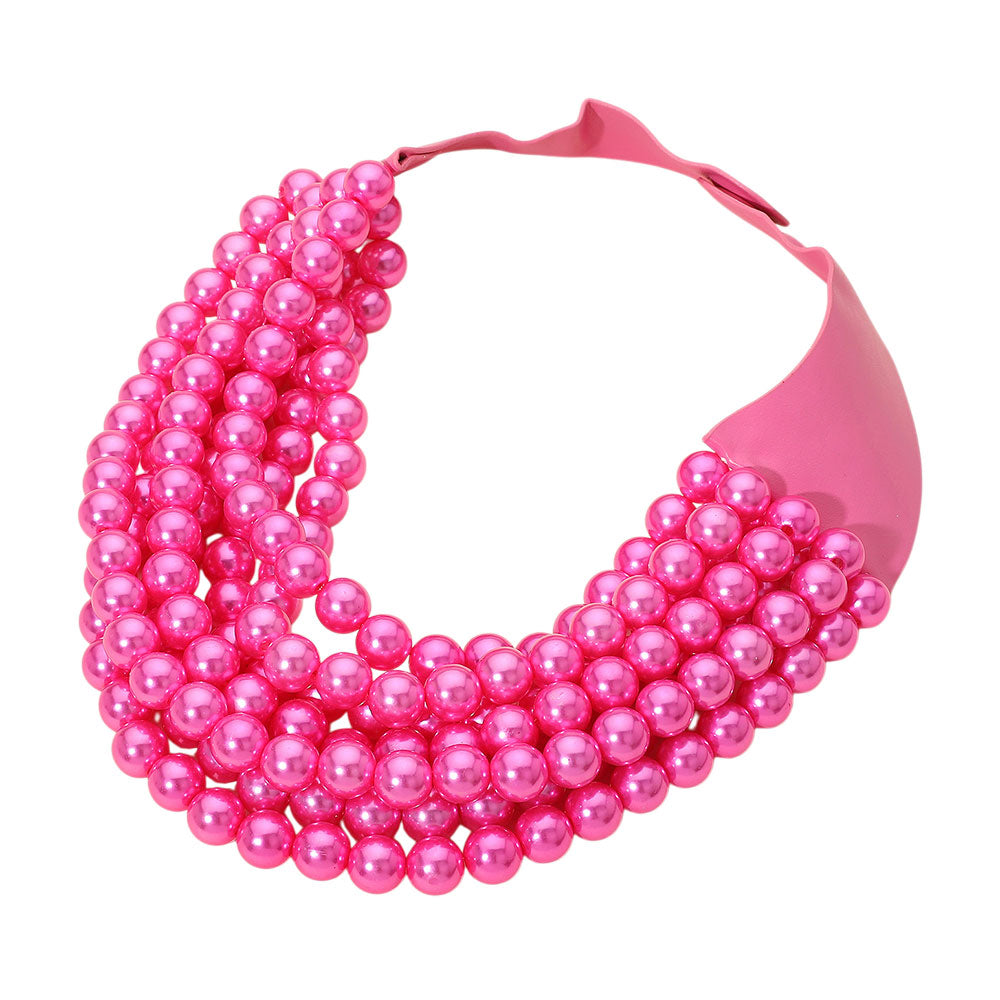 Pearl Beaded Multi Layered Faux Leather Magnetic Necklace - Fuchsia - Necklace