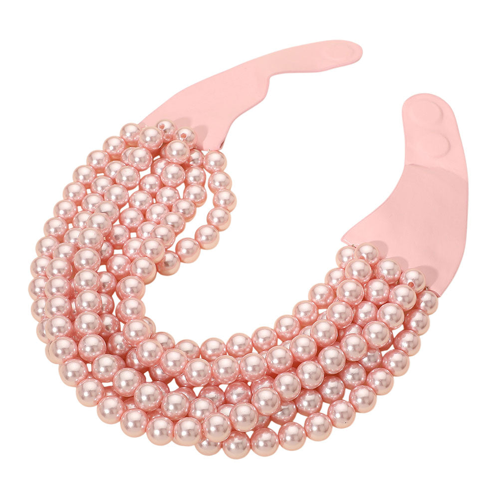 Pearl Beaded Multi Layered Faux Leather Magnetic Necklace - Light Pink - Necklace