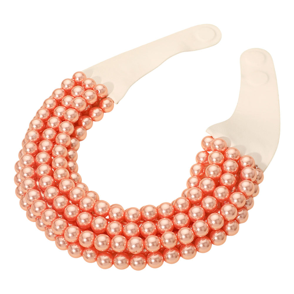 Pearl Beaded Multi Layered Faux Leather Magnetic Necklace - Peach - Necklace