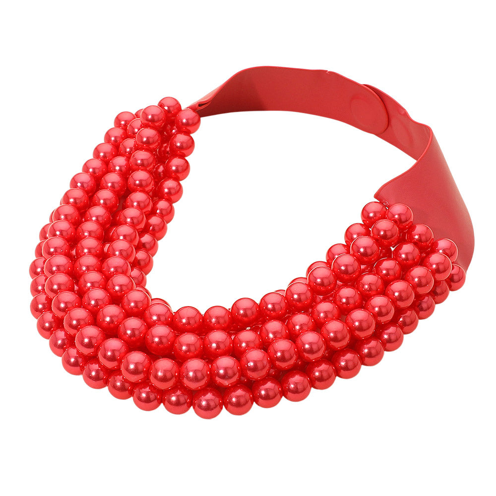 Pearl Beaded Multi Layered Faux Leather Magnetic Necklace - Red - Necklace