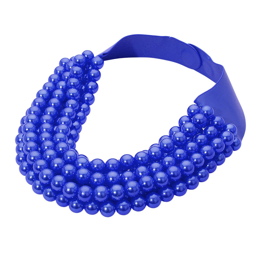 Pearl Beaded Multi Layered Faux Leather Magnetic Necklace - Royal Blue - Necklace